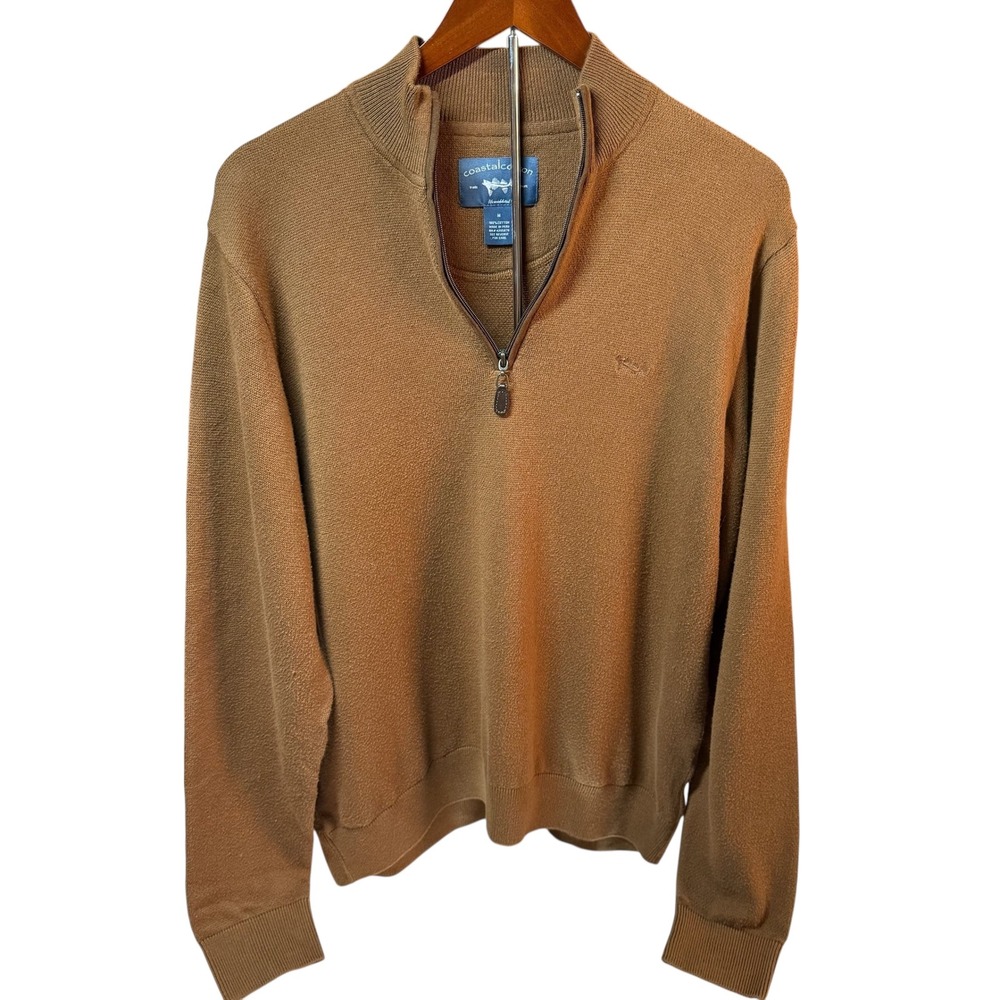 Coastal Cotton Quarter Zip Sweater Men Medium Brown 100% Cotton Pullover